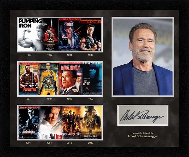 Film timeline Arnold Schwarzenegger signed white card - Memorabilia Framers Shop